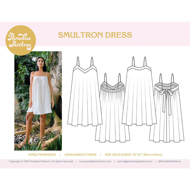 Paradise Patterns Smultron Dress sewing pattern with a model and design illustrations.