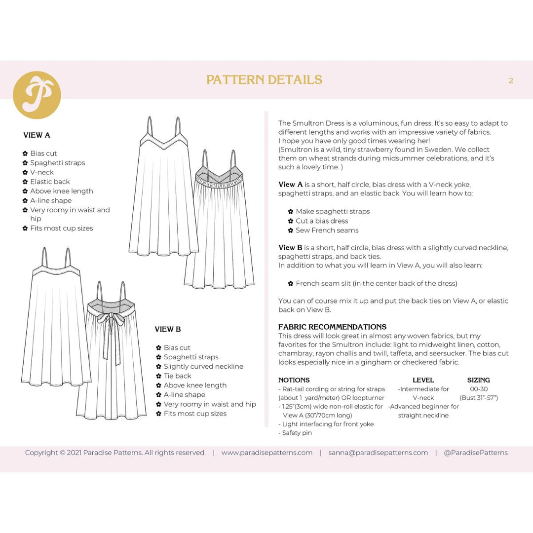 Pattern details for a dress with line drawings and text on a light pink background