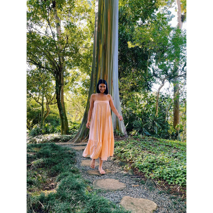 Woman in a peach dress standing in a forest with a large tree in the background
