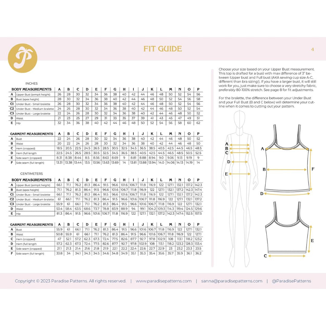 Fit guide for tank tops with measurement chart and diagram on a white background