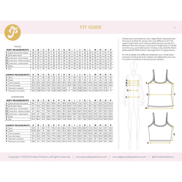 Fit guide for tank tops with measurement chart and diagram on a white background