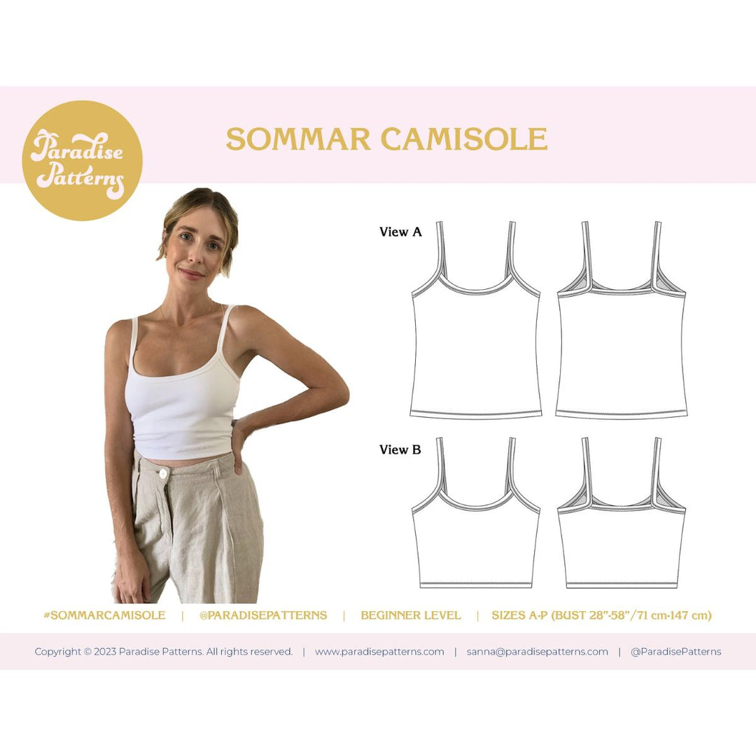 Woman wearing a white tank top with Paradise Patterns branding and Sommar Camisole pattern illustrations.