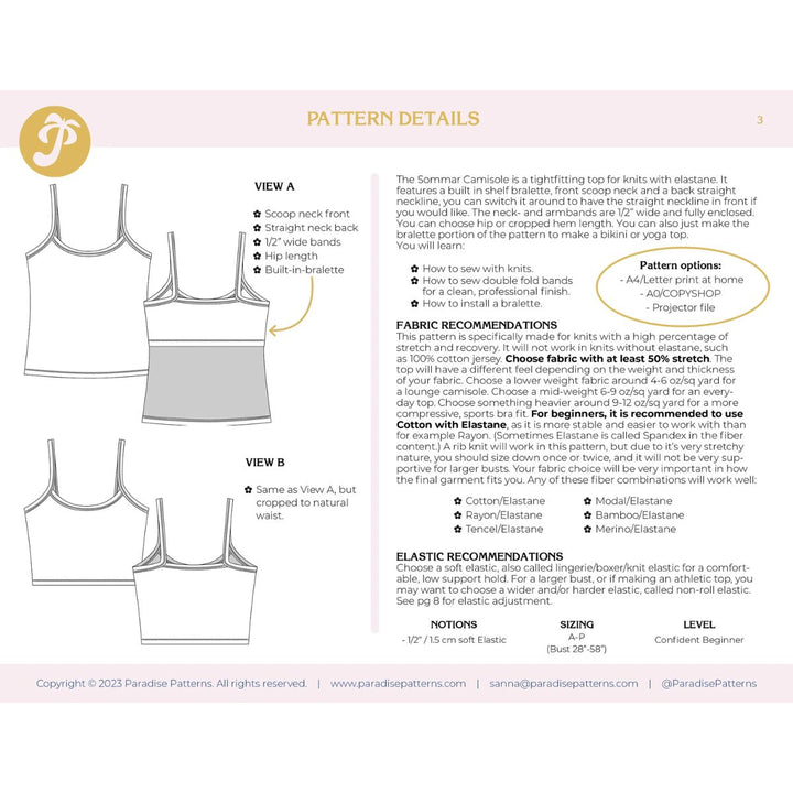 Pattern details for a tank top with fabric recommendations and measurements.