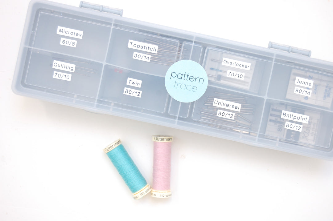 Sewing thread spools in front of a clear threading chart with labels on a white background.