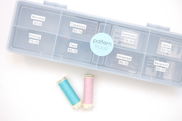 Sewing thread spools in front of a clear threading chart with labels on a white background.