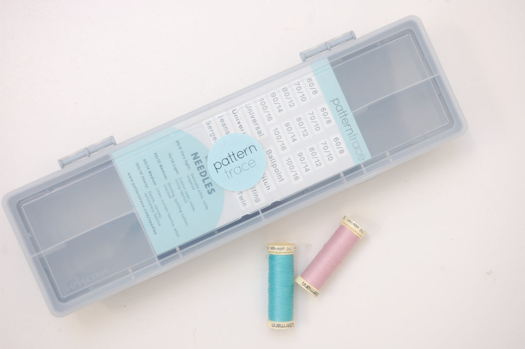 Thread case with pastel-colored threads on a light background