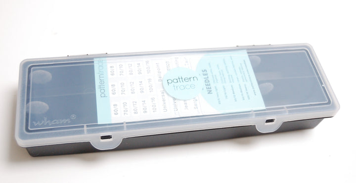 Clear plastic storage box with patterned label on a white background