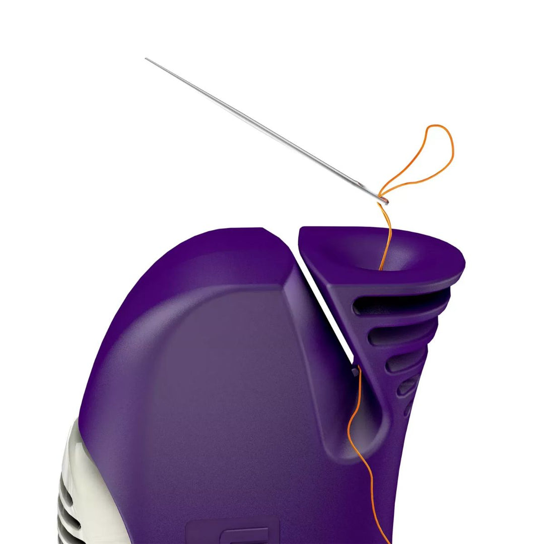 Purple handheld device with a needle and thread on a white background