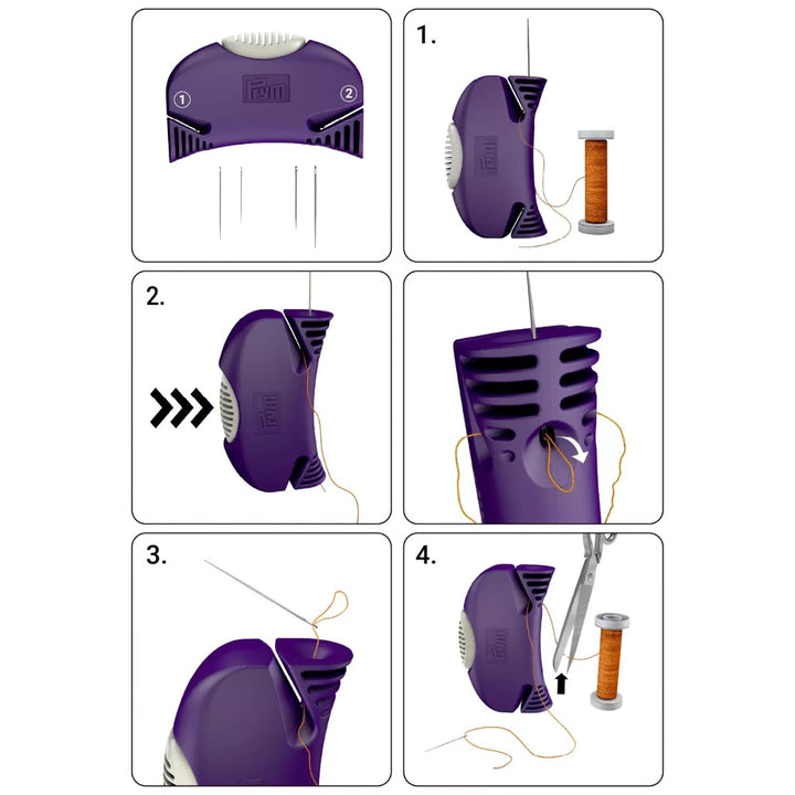 Step-by-step guide on how to use a purple thread cutter with a spool of thread.