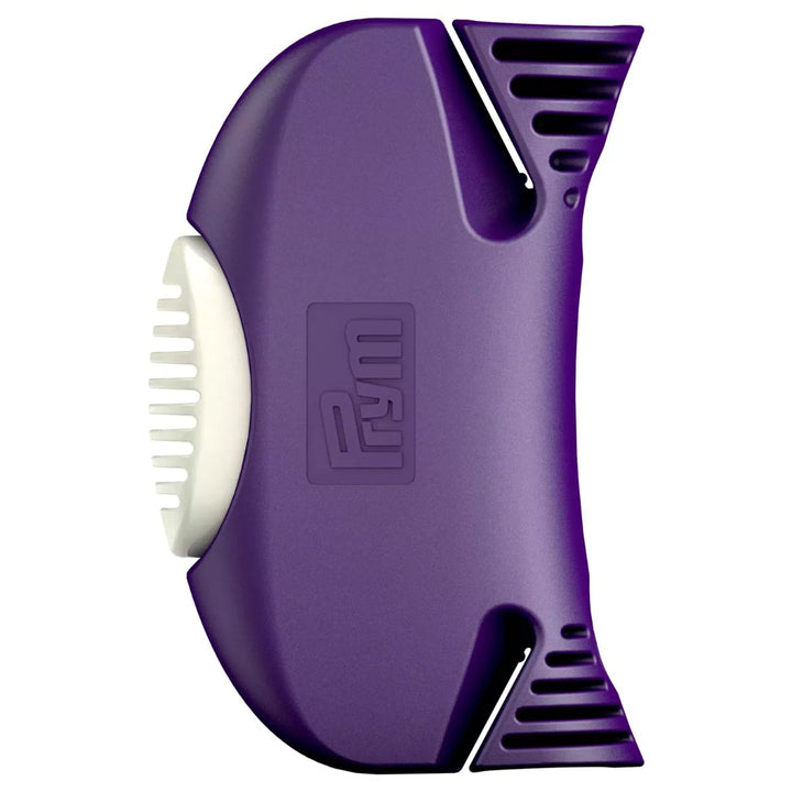 Purple tape dispenser with a white label on a white background