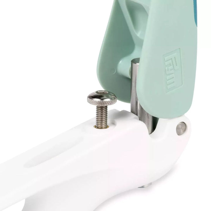 Close-up of a white and light blue tool with a screw on a white background