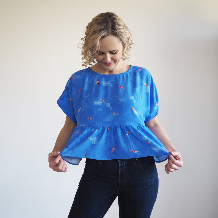 Azure Bauhaus Swimmers Viscose Poplin Fabric - Cut Lengths
