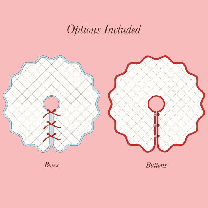 Two design options for a tree skirt with bows and buttons on a pink background.
