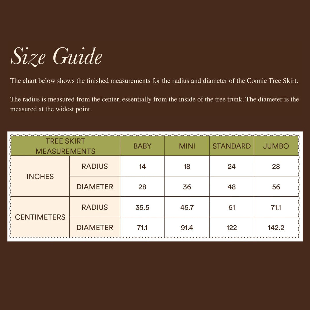 Size guide chart for Connie Tree Skirt measurements on a brown background