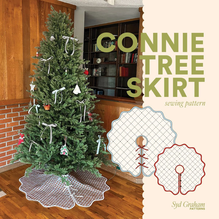 Decorated Christmas tree with a Connie Tree Skirt pattern overlay