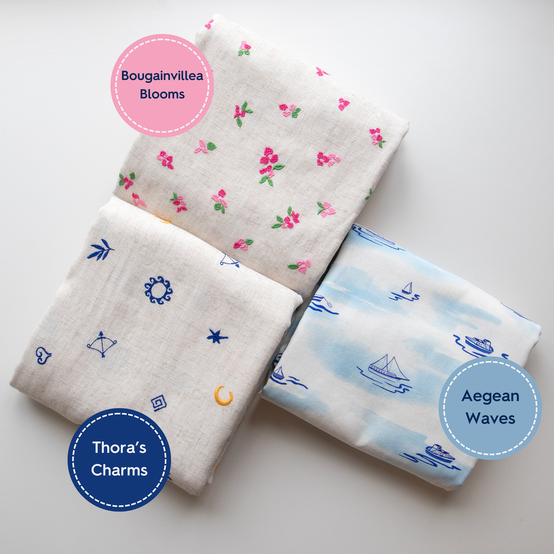 Three folded fabrics with different patterns on a white background