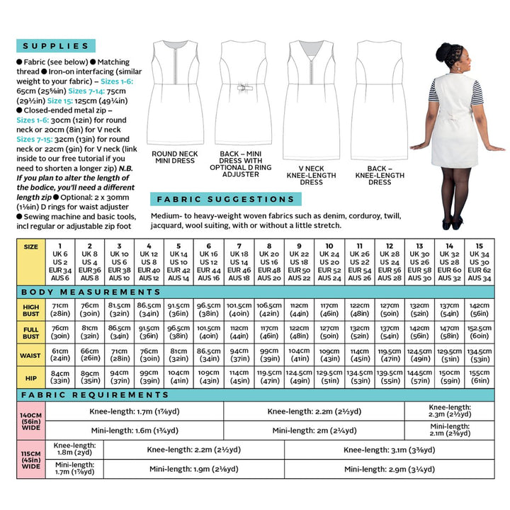 Measurement chart for dress-making with fabric suggestions, body measurements, and fabric requirements.