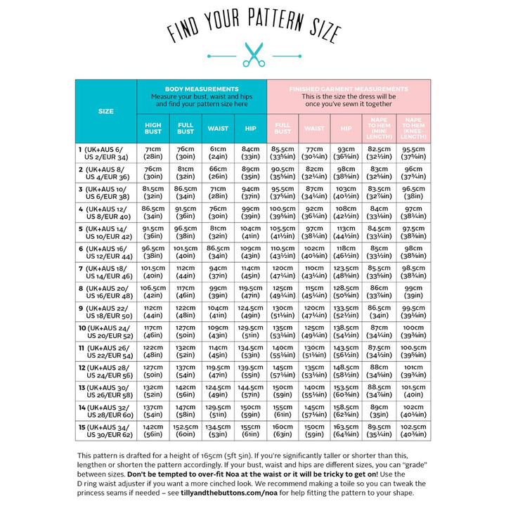 Pattern size chart for dresses with body measurements and suggested dress sizes.