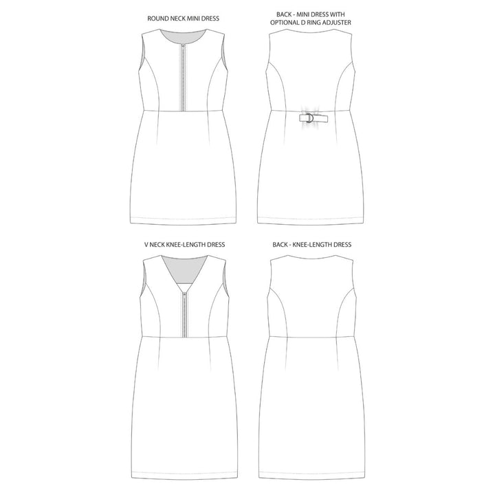 Technical drawing of a dress with various views and measurements on a white background