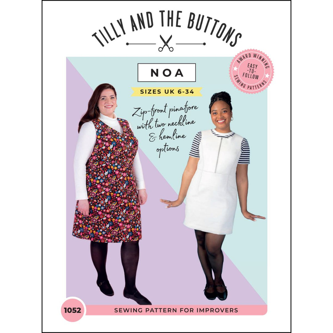Sewing pattern cover for 'NOA' dress by Tilly and The Buttons with two models wearing dresses.