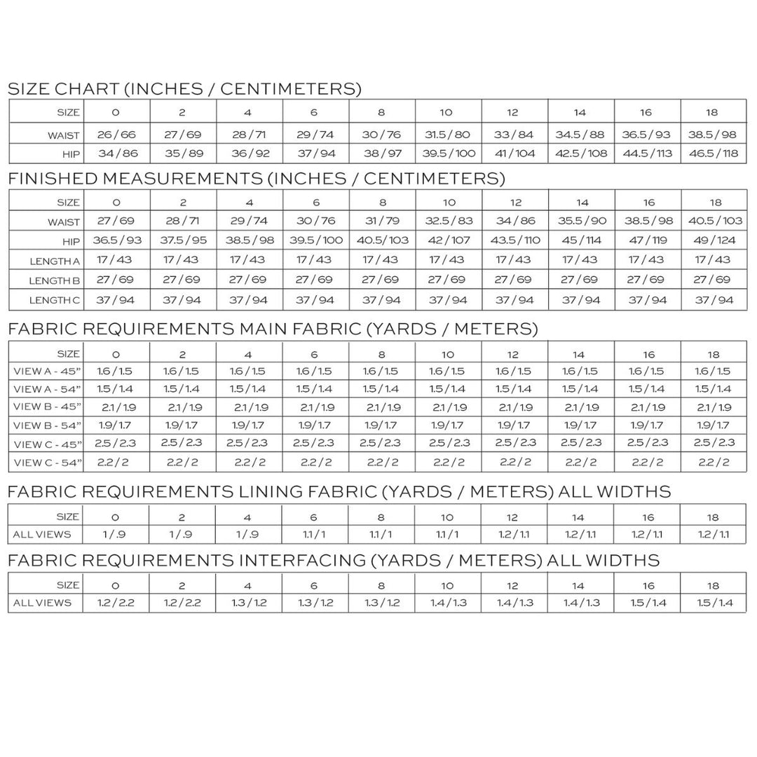 Fabric size chart with measurements in inches and centimeters for various sizes.