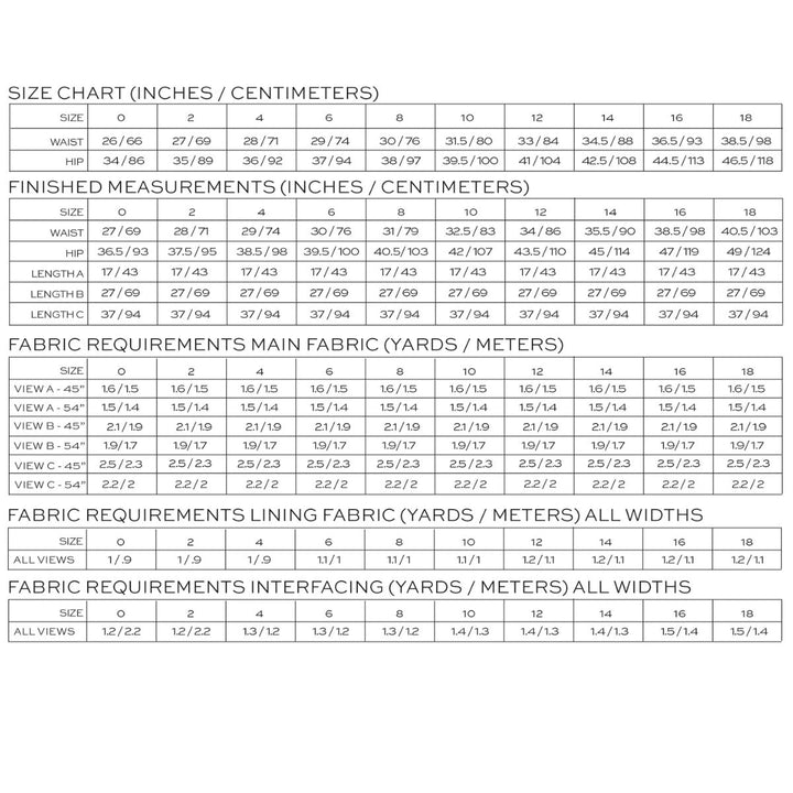 Fabric size chart with measurements in inches and centimeters for various sizes.