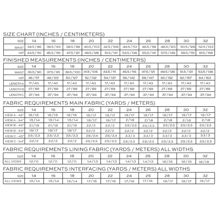 Size chart and fabric requirements table for clothing measurements in inches and centimeters.