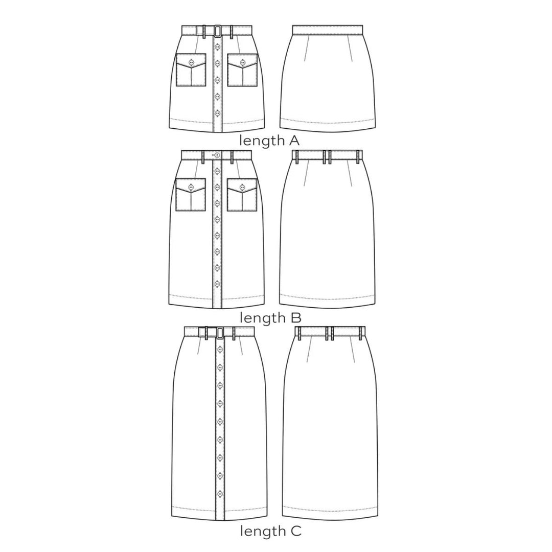 Technical drawing of a skirt with different lengths labeled A, B, and C on a white background.