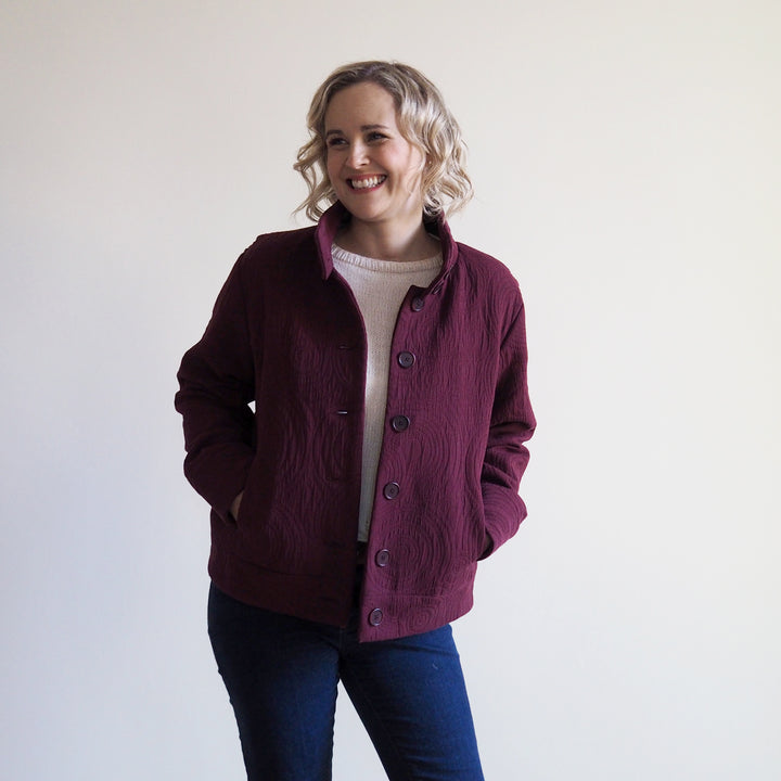 Lauren's Caiplie Jacket in Burgundy Cairn Circles Cotton Jacquard