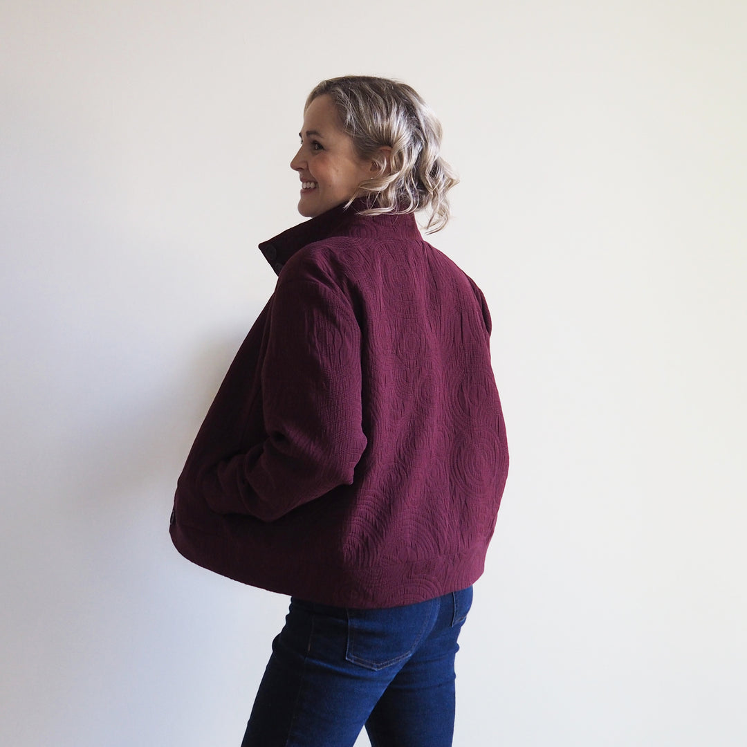 Lauren's Caiplie Jacket in Burgundy Cairn Circles Cotton Jacquard