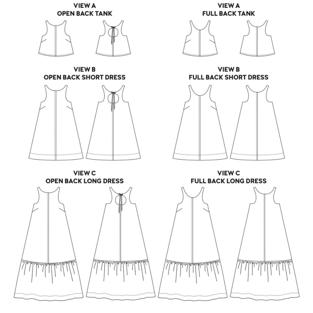 A black and white line drawing showing multiple garment views labeled View A, View B, and View C, including tank, short dress, and long dress designs with open and full back details.