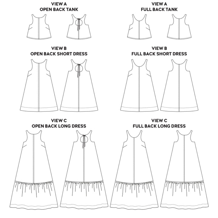 A black and white line drawing showing multiple garment views labeled View A, View B, and View C, including tank, short dress, and long dress designs with open and full back details.