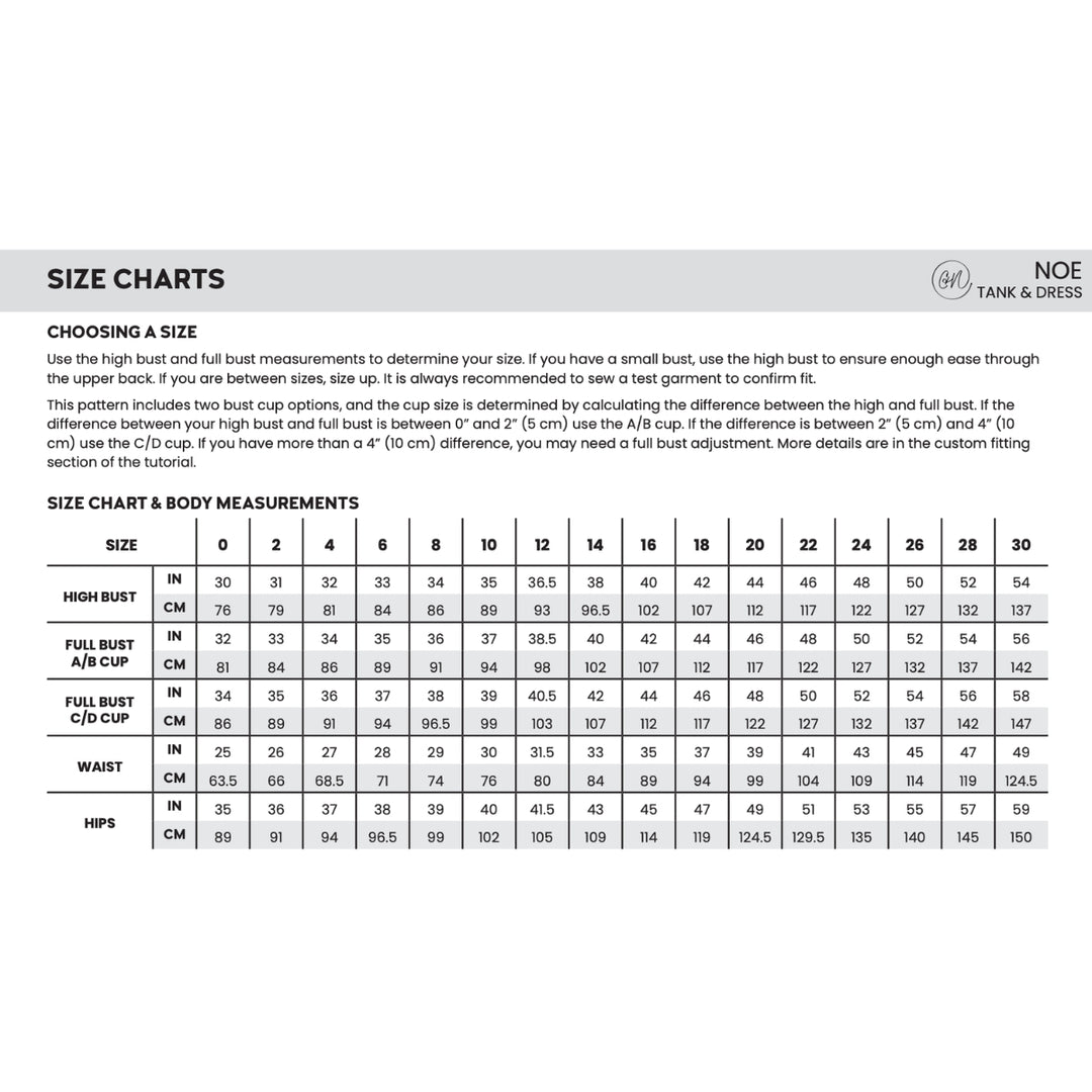 A size chart and sizing guide for high bust and full bust measurements for men's tank and dress clothing, showing a size table with columns for size, high bust, full bust, cup to cup difference, and waist in centimeters and inches.