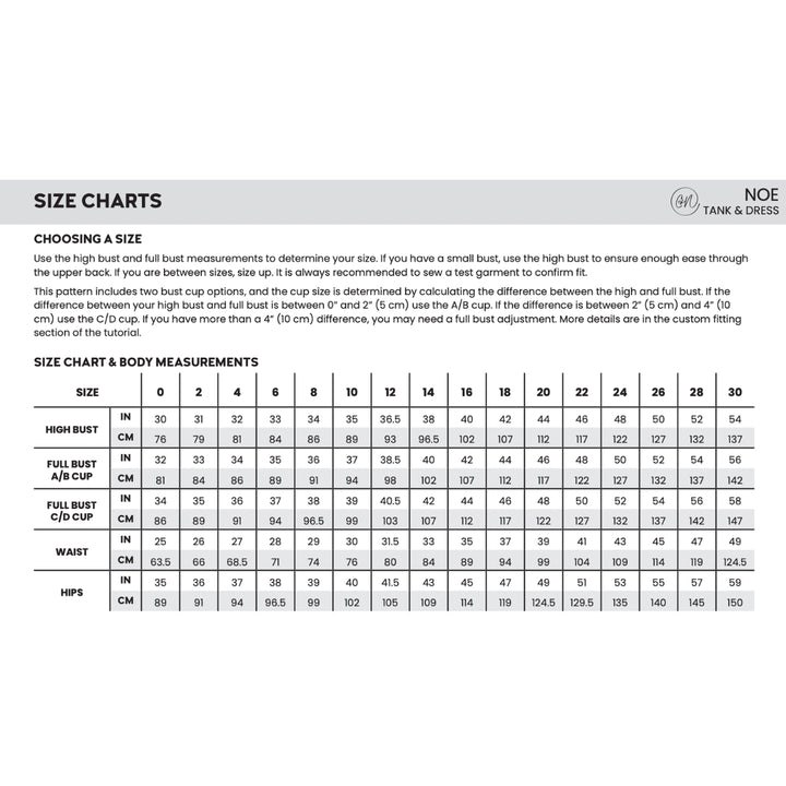 A size chart and sizing guide for high bust and full bust measurements for men's tank and dress clothing, showing a size table with columns for size, high bust, full bust, cup to cup difference, and waist in centimeters and inches.