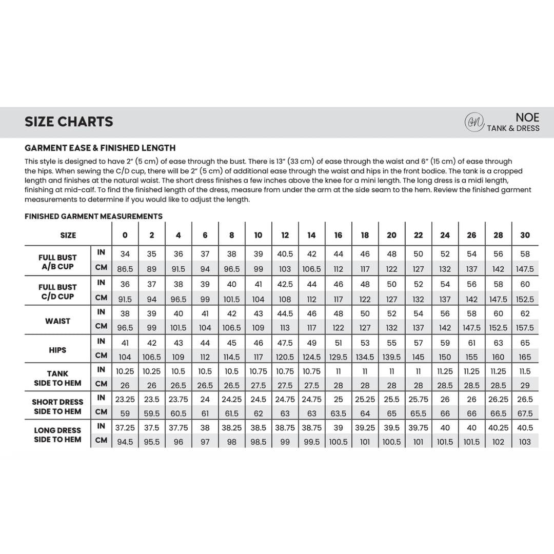 A size chart and ease-to-finish length table for a tank and dress by NOE, showing garment ease, finished measurements, and sizing columns from 1 to 30 in both inches and centimeters.