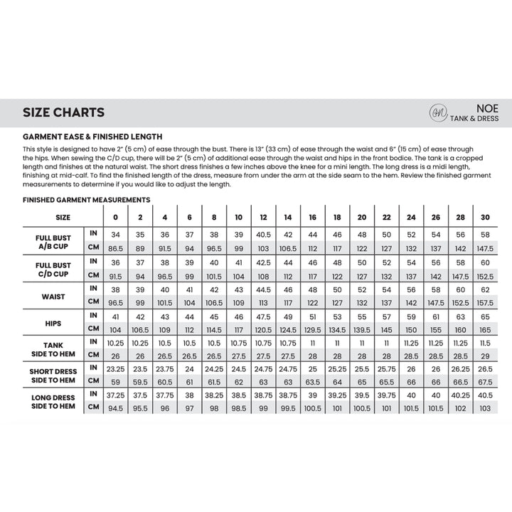 A size chart and ease-to-finish length table for a tank and dress by NOE, showing garment ease, finished measurements, and sizing columns from 1 to 30 in both inches and centimeters.