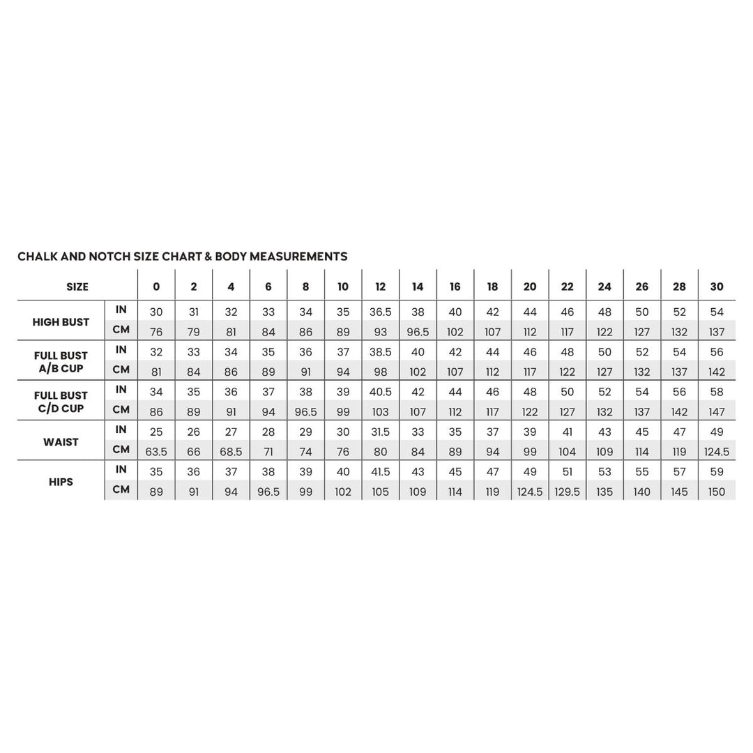 Chalk and Notch size chart with body measurements on a white background