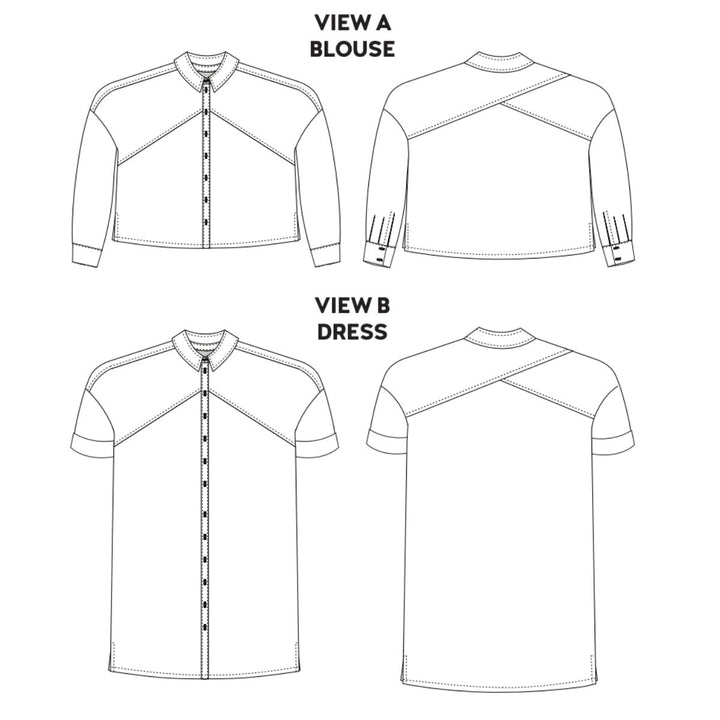 Technical drawing of a blouse and dress with front and back views on a white background