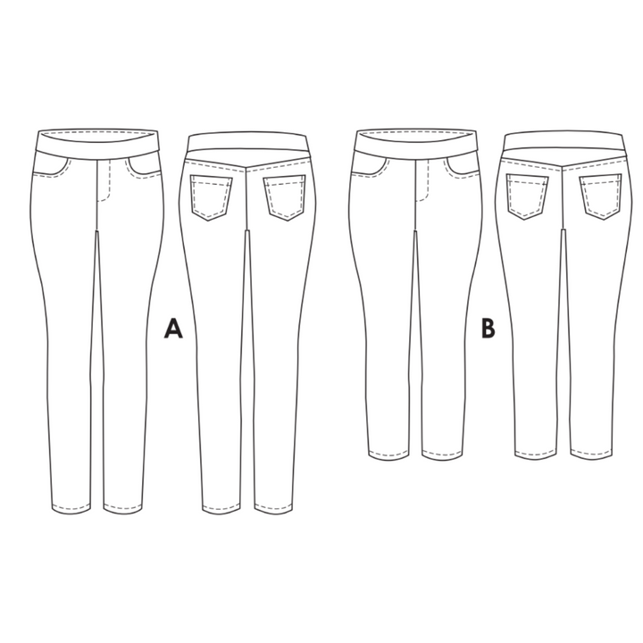 technical outine drawing of the front and back, bother versions of the Eleonore trouser sewing pattern