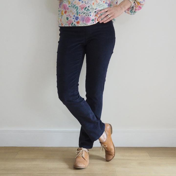 Handmade Eleonore trousers in navy stretch velvet fabric with clean front finish