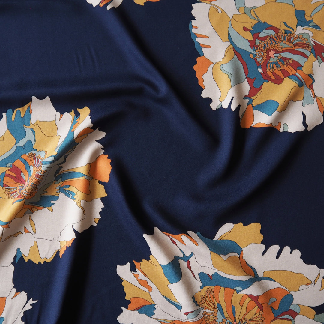 Liberty Weymouth viscose twill Peony Waltz B fabric, smooth floral twill.