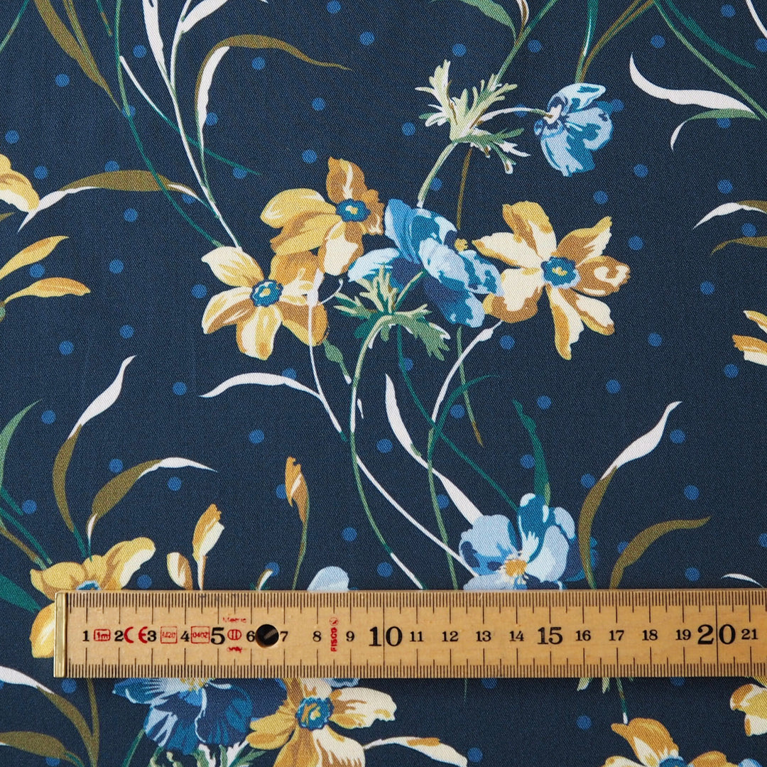 Liberty Weymouth viscose twill fabric in Poppy and Daffodil print, soft floral twill.