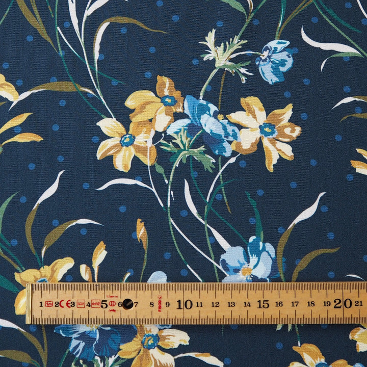 Liberty Weymouth viscose twill fabric in Poppy and Daffodil print, soft floral twill.