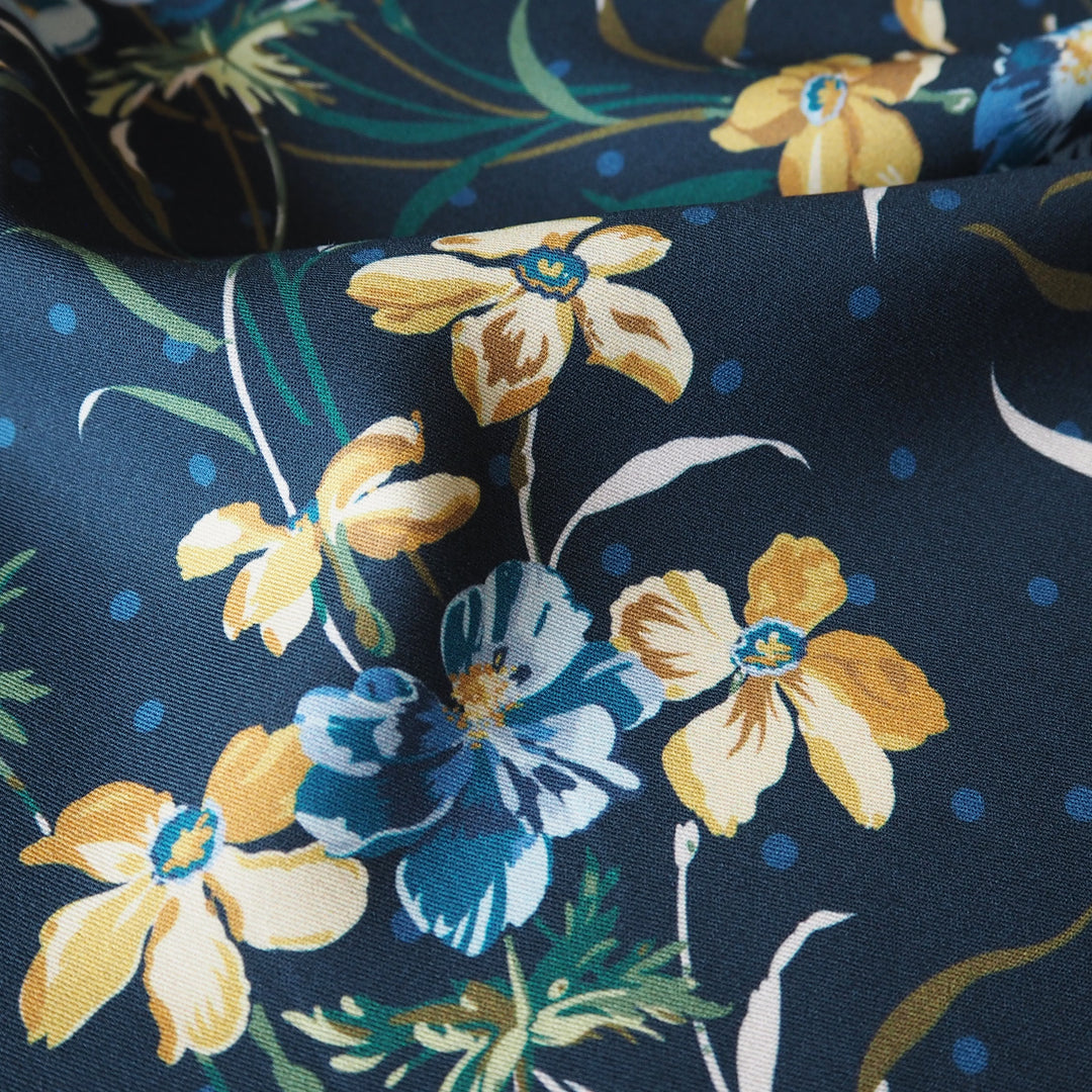 Liberty Weymouth viscose twill fabric in Poppy and Daffodil print, soft floral twill.