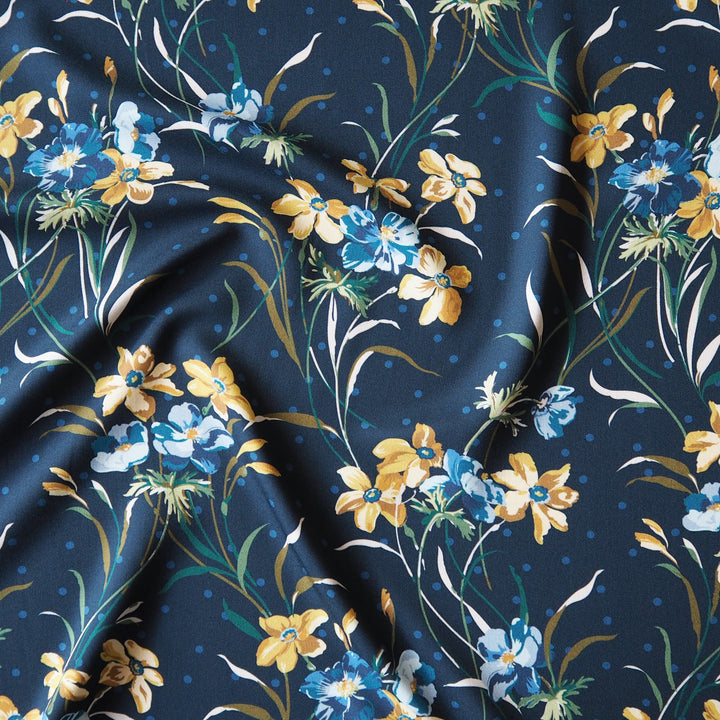 Liberty Weymouth viscose twill fabric in Poppy and Daffodil print, soft floral twill.