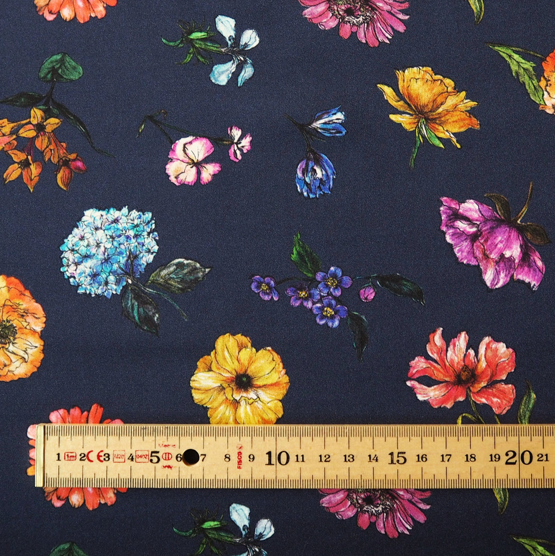 Liberty Bickington viscose satin Fleeting Flora B fabric, soft floral satin for dressmaking.