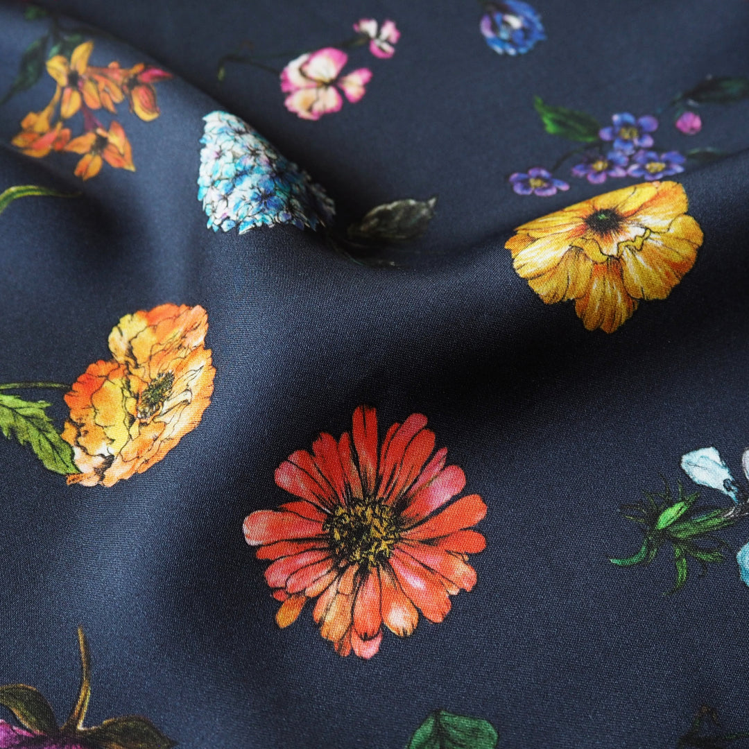 Liberty Bickington viscose satin Fleeting Flora B fabric, soft floral satin for dressmaking.