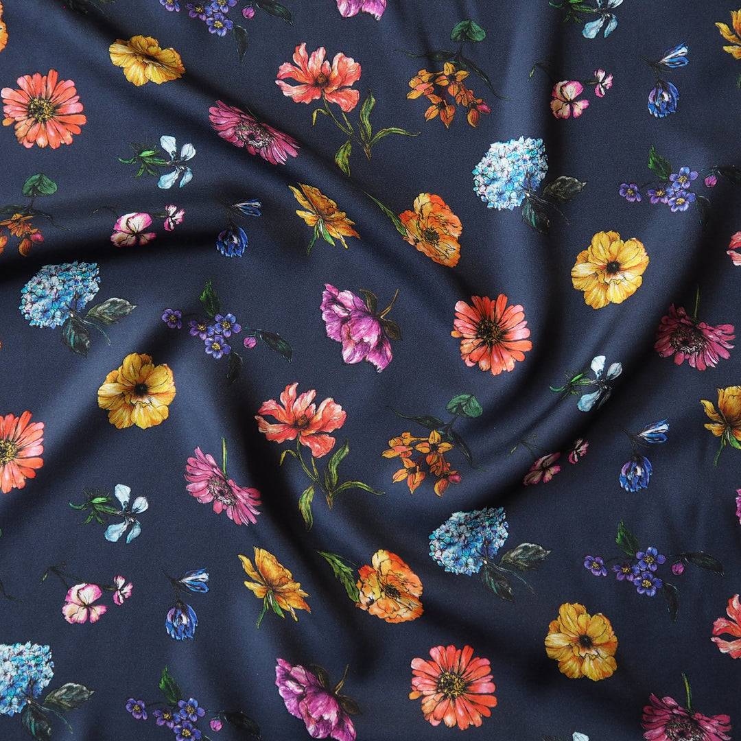 Liberty Bickington viscose satin Fleeting Flora B fabric, soft floral satin for dressmaking.