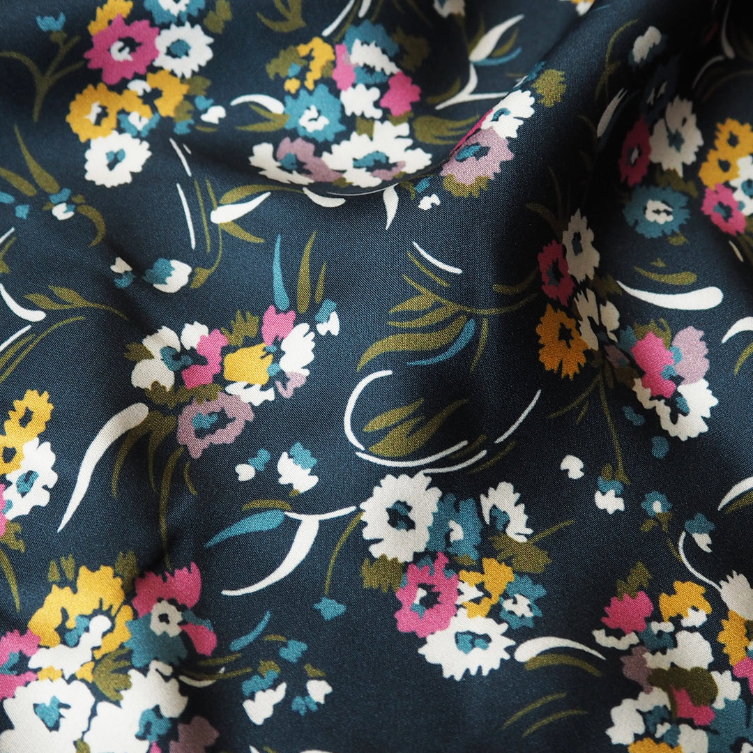 Liberty Bickington viscose satin Leah B fabric, smooth floral satin for dressmaking.