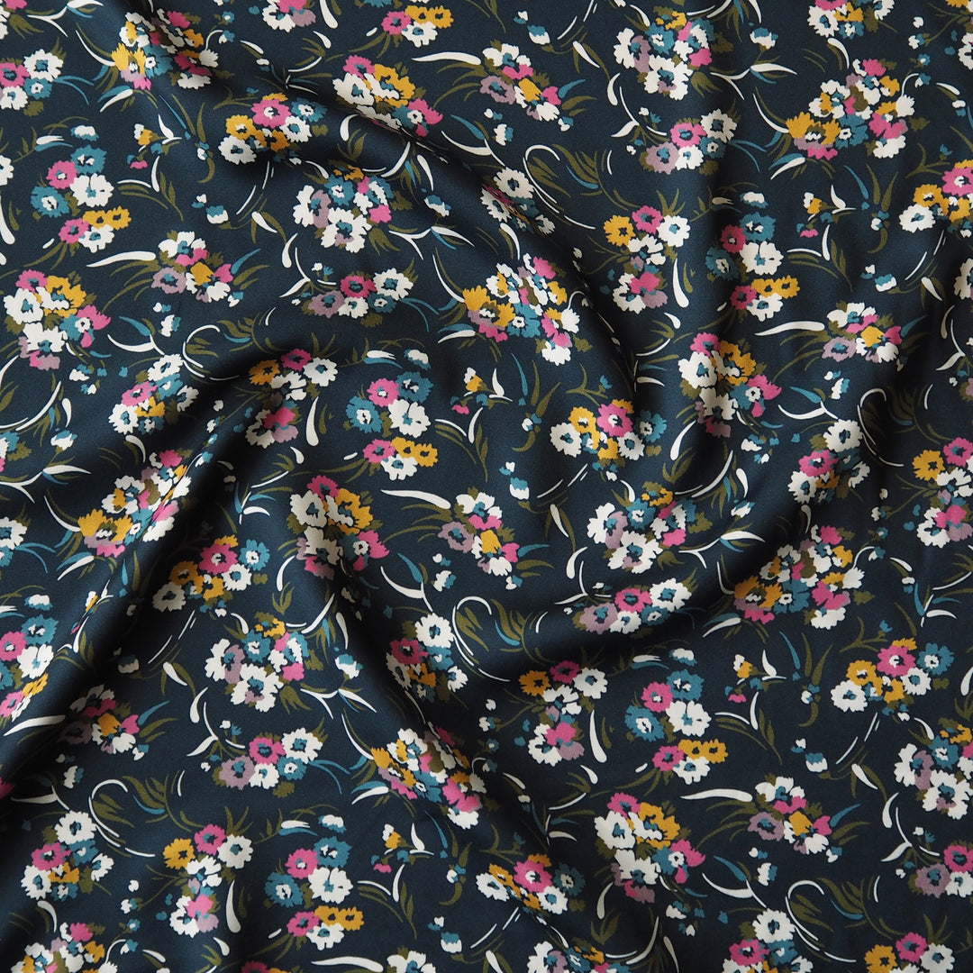 Liberty Bickington viscose satin Leah B fabric, smooth floral satin for dressmaking.